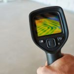 Thermal imaging camera held above a plain surface, displaying temperature variations for leak detection, by B & D Plumbing.