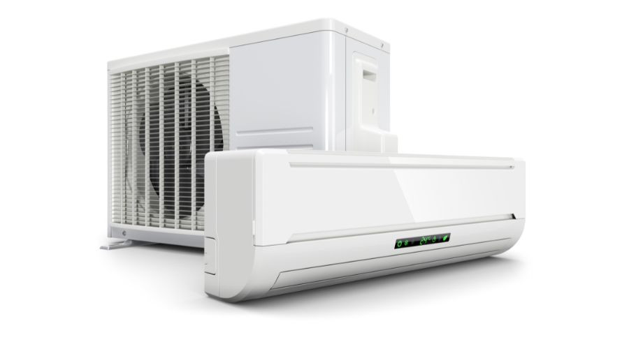Wall-mounted air conditioning unit by B & D Plumbing, Heating & A/C with digital display and outdoor condenser.