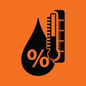 Icon depicting a water droplet with a thermometer and percentage symbol, representing humidity levels related to boiler systems and indoor air quality.