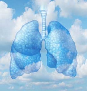 Illustration of human lungs in a blue and white color scheme against a cloudy sky, symbolizing clean air and healthy indoor air quality.